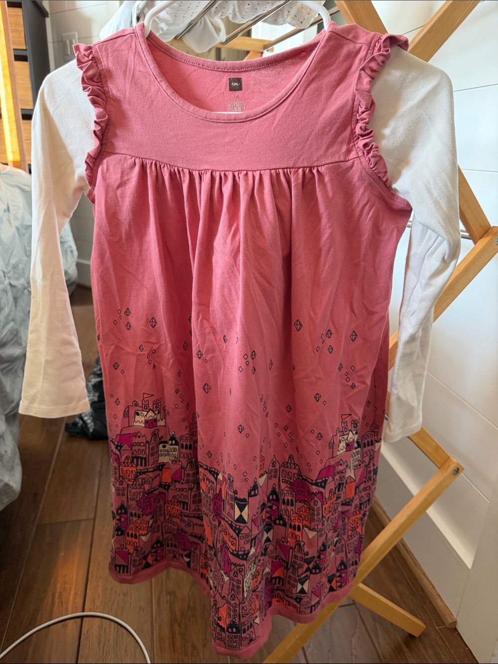 Tea Collection Pink Layered Dress with White Sleeves and City Hem Print